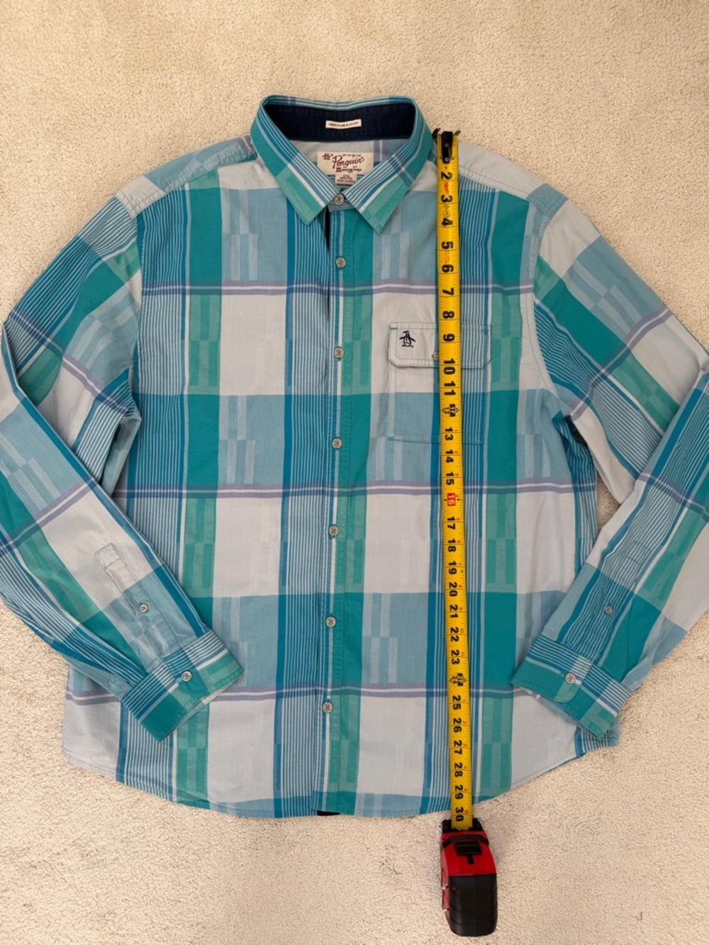 Original Penguin Teal & Light Blue Plaid Botton-Up Shirt XXL - Picture 8 of 11